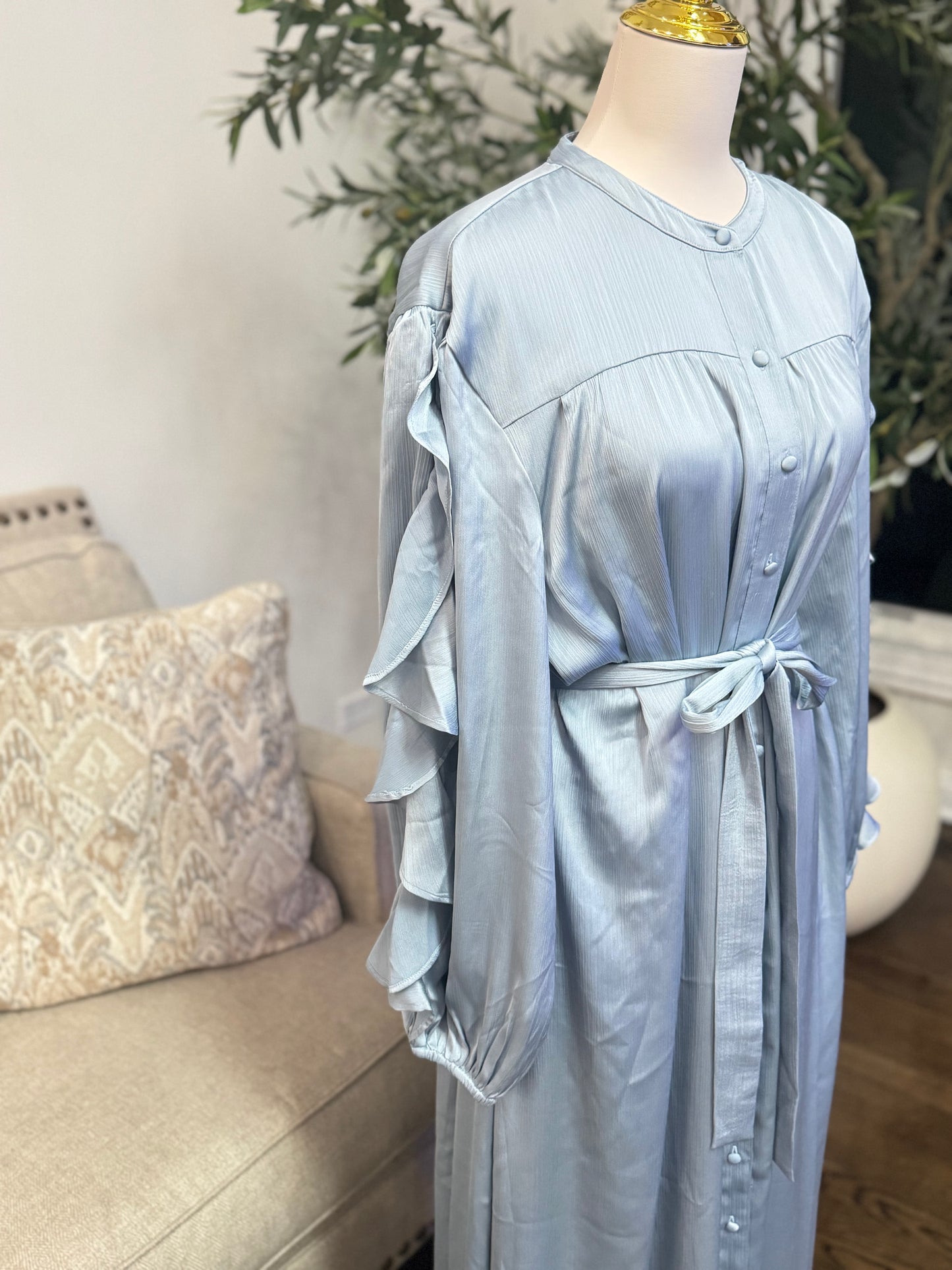Blue Fog Ruffle Sleeve Tie Maxi Dress