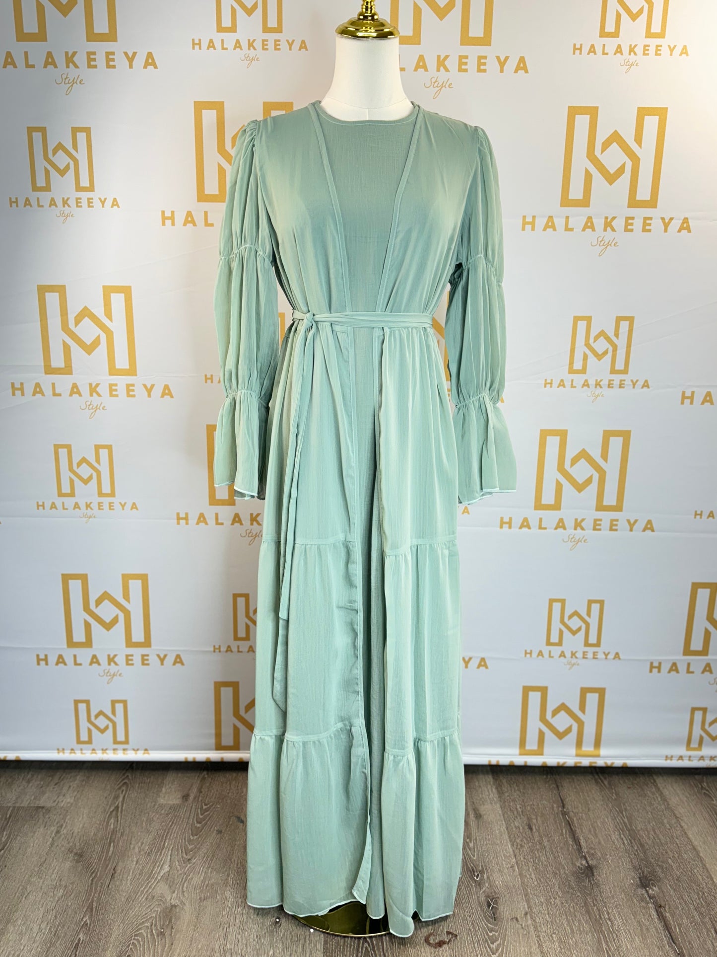 2-Piece Puff Sleeves Chiffon Abaya Set with Belt