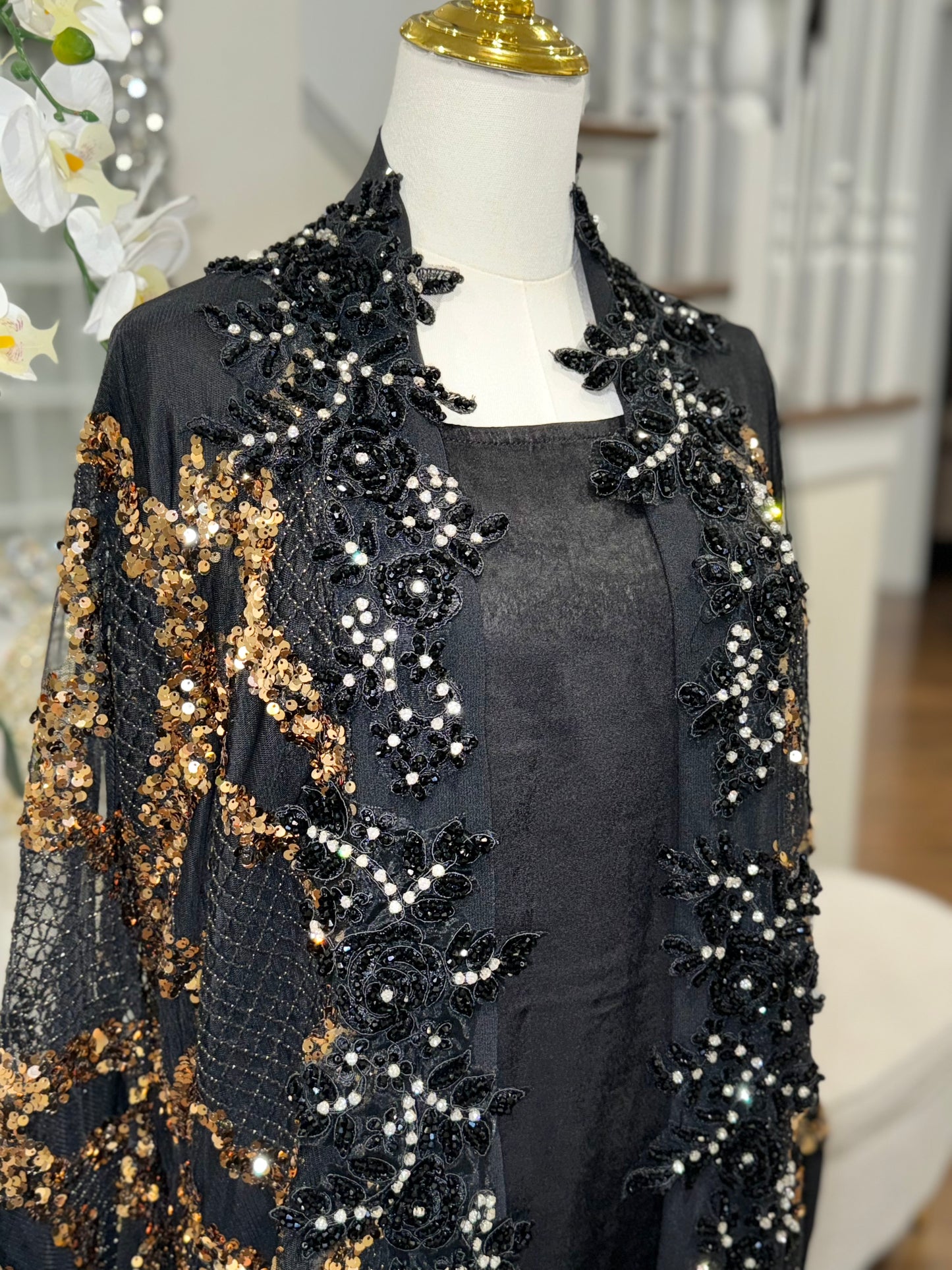 Handwork Sequins and Beaded Mesh Black Abaya with Wide Sleeves