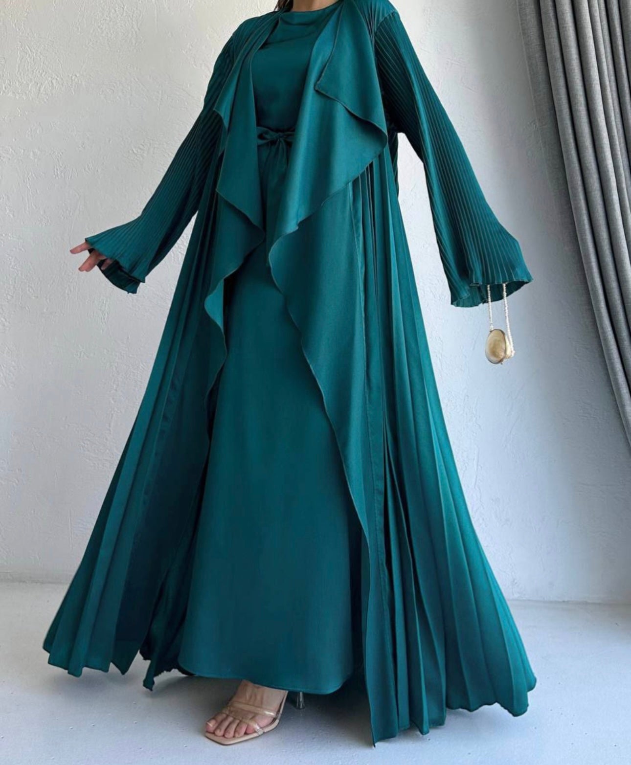3 Pcs Satin Pleated Open Abaya set