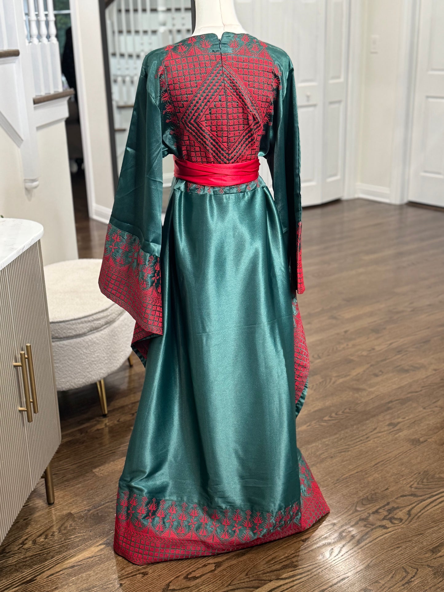 Green Satin Embroidered Thobe with Wide Sleeves