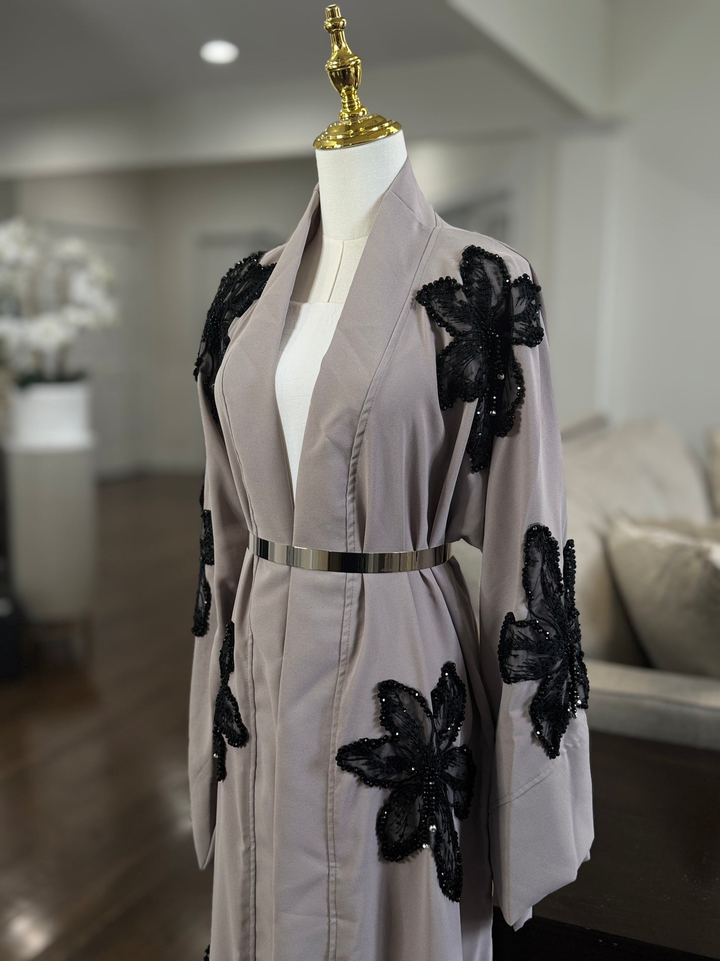 Lace Blossoms Cequin Floral Detailing on a Luxurious Open Abaya