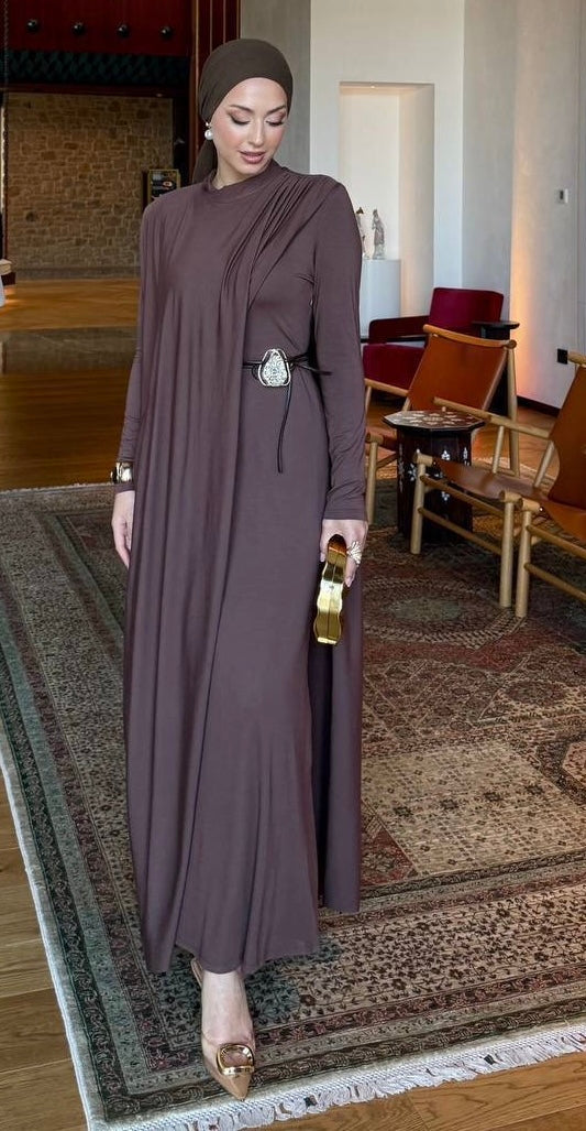 Elegant Draped Lycra Maxi Dress with Statement Belt