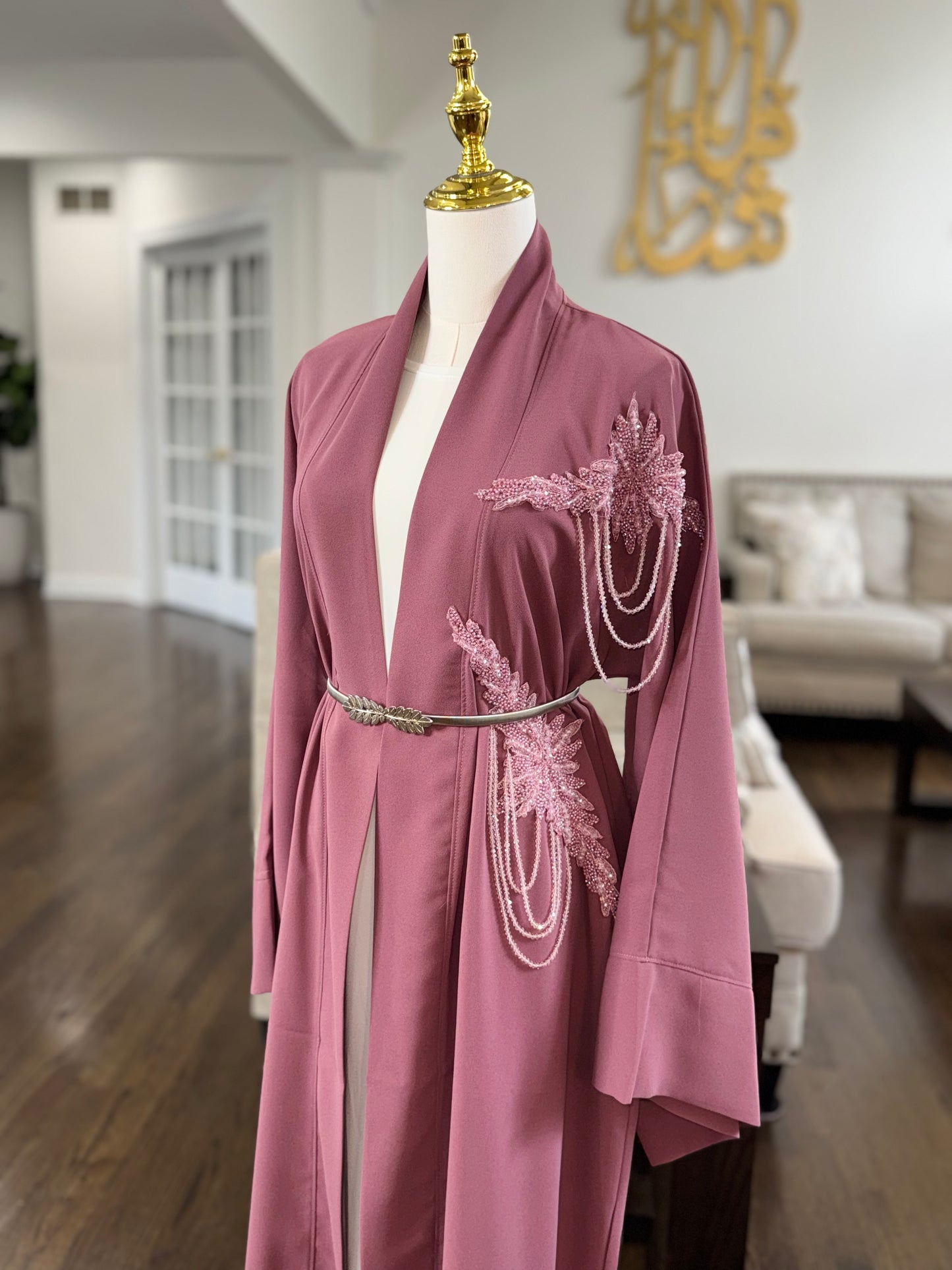 Pink Open Abaya With Embellished Beadwork On Shoulder