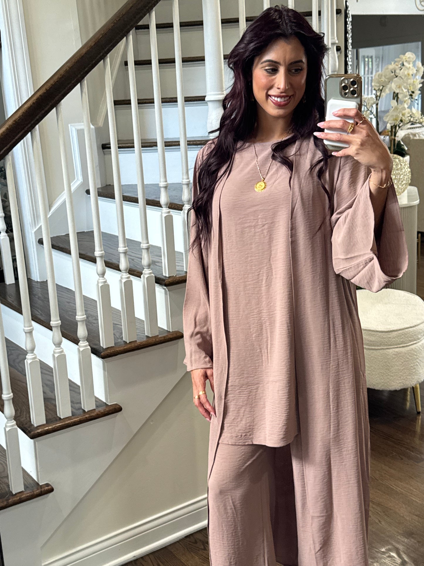 3 Pieces Set Plain Open Abaya Top and Pants Suit Sets