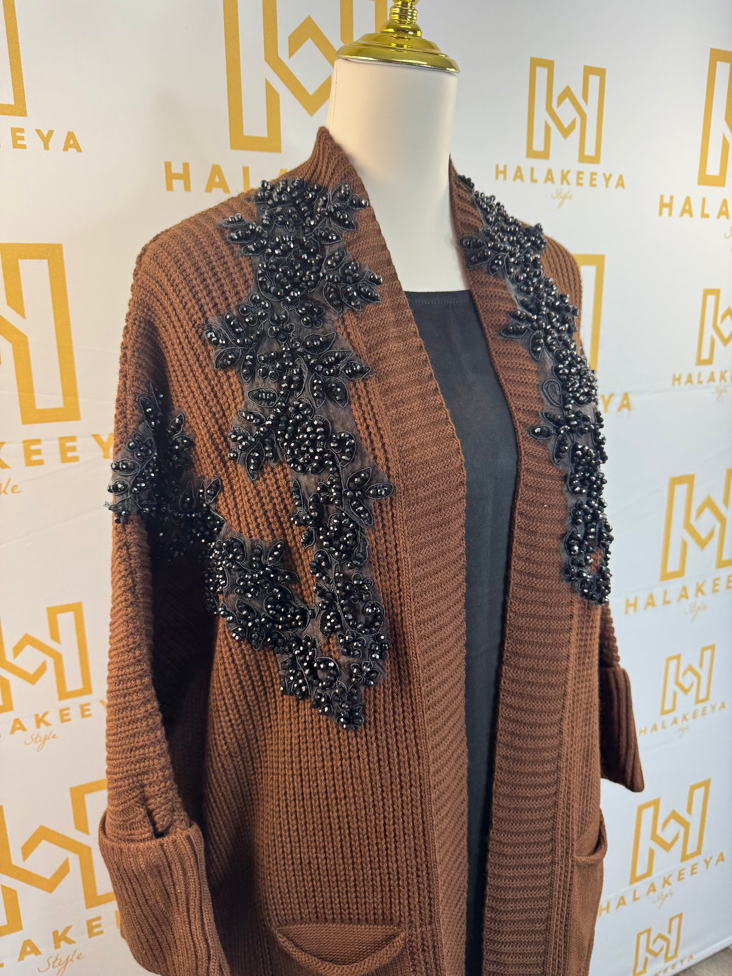 Brown Embellished Black Beaded Knit Long Cardigan Jacket