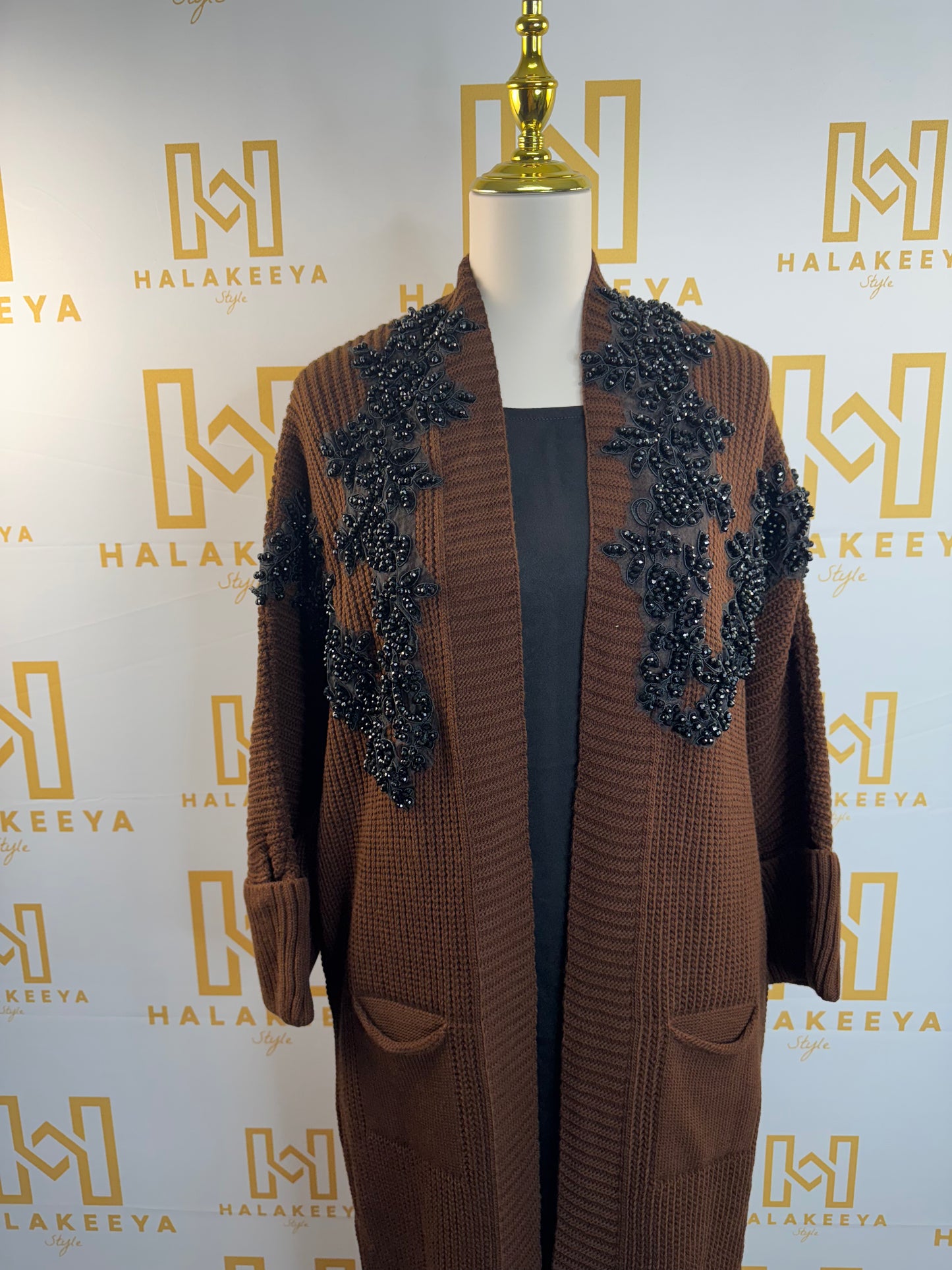 Brown Embellished Black Beaded Knit Long Cardigan Jacket