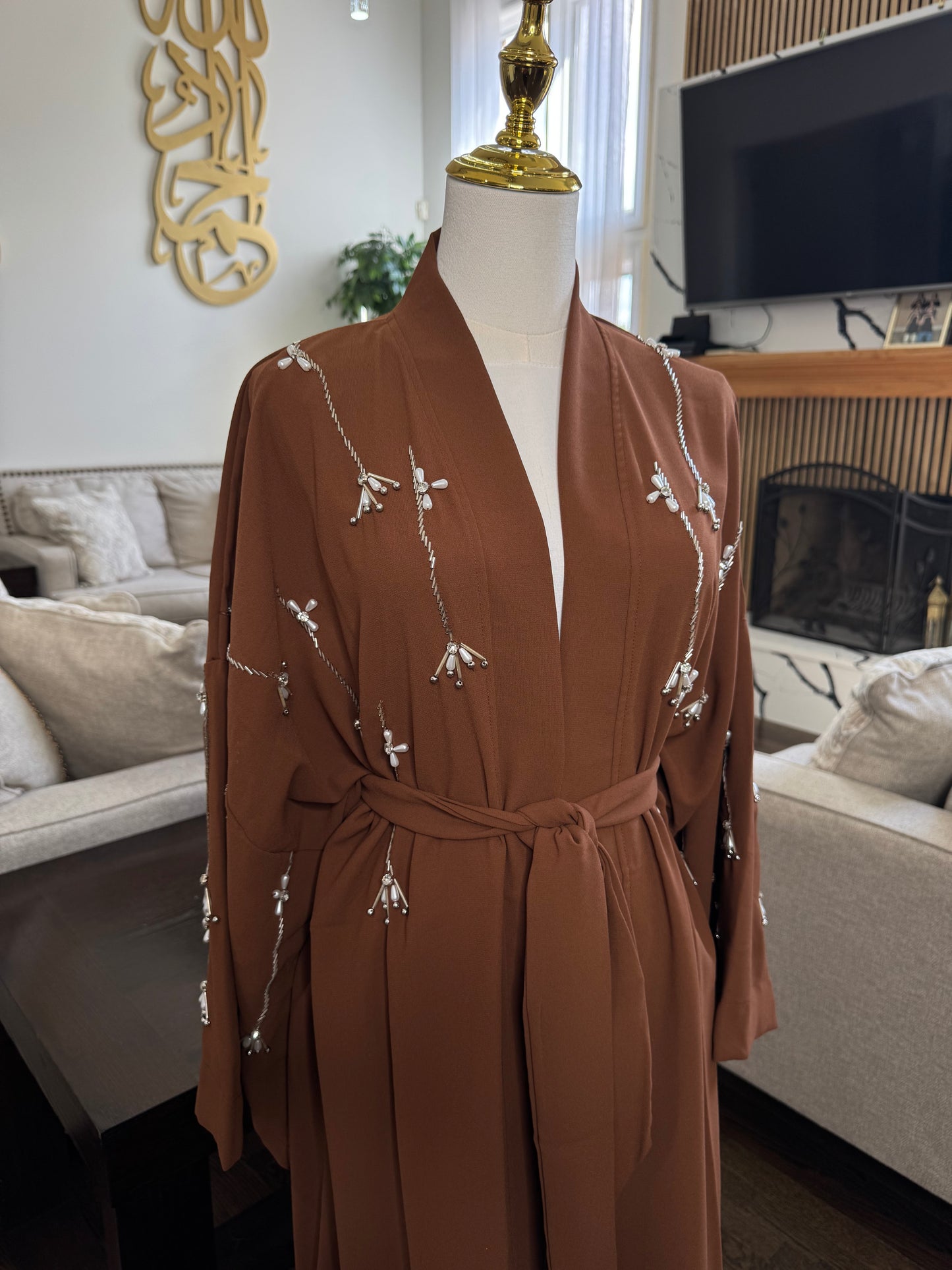 Pearls Beaded Butterfly Open Abaya