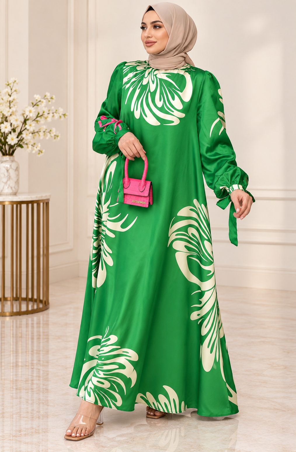 Modest Maxi Floral Satin Dress With Belt