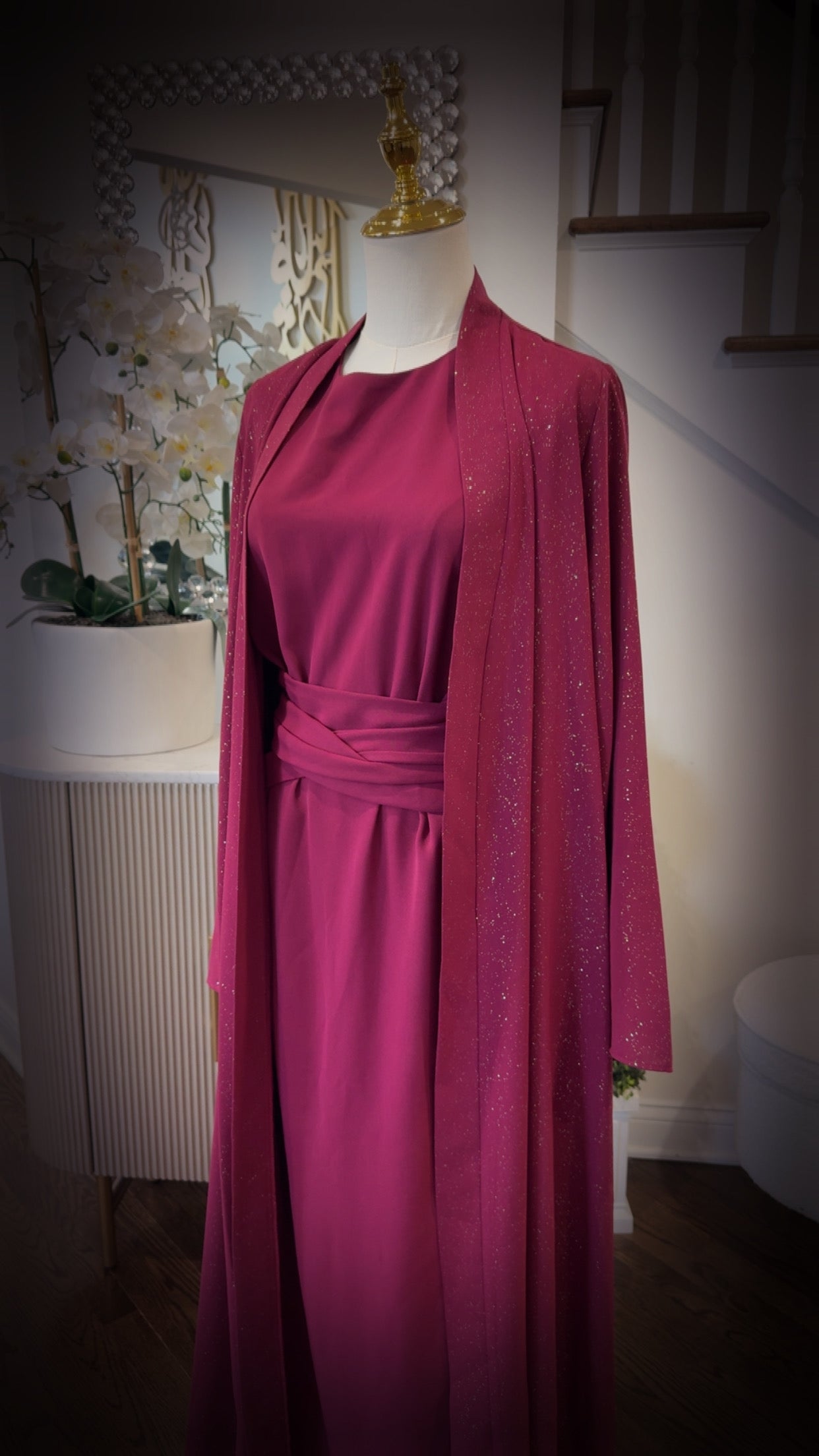 shimmering Chic Waist Wrap Tied Abaya set