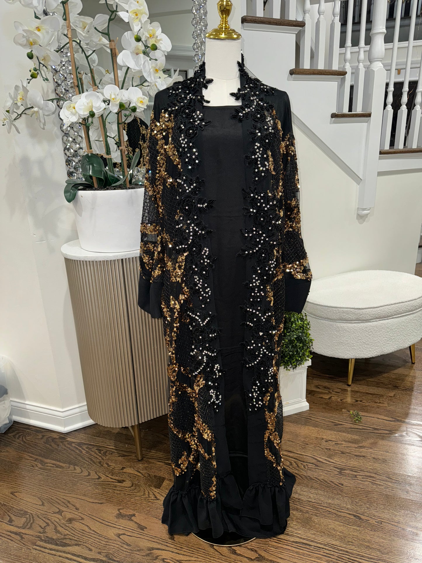Handwork Sequins and Beaded Mesh Black Abaya with Wide Sleeves