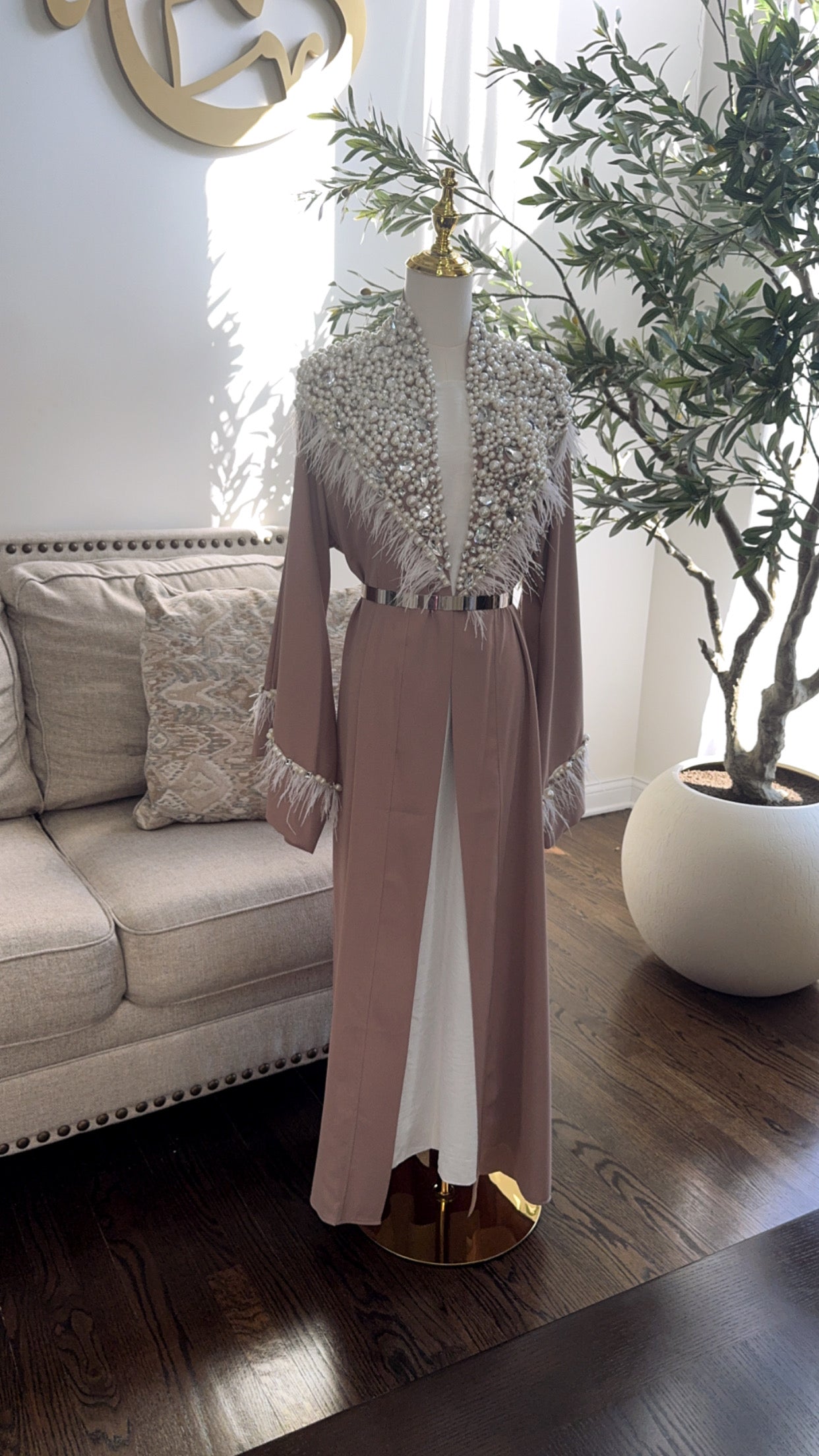 Pearls Mocha Handwork Beaded Open Abaya with Feather Detailing