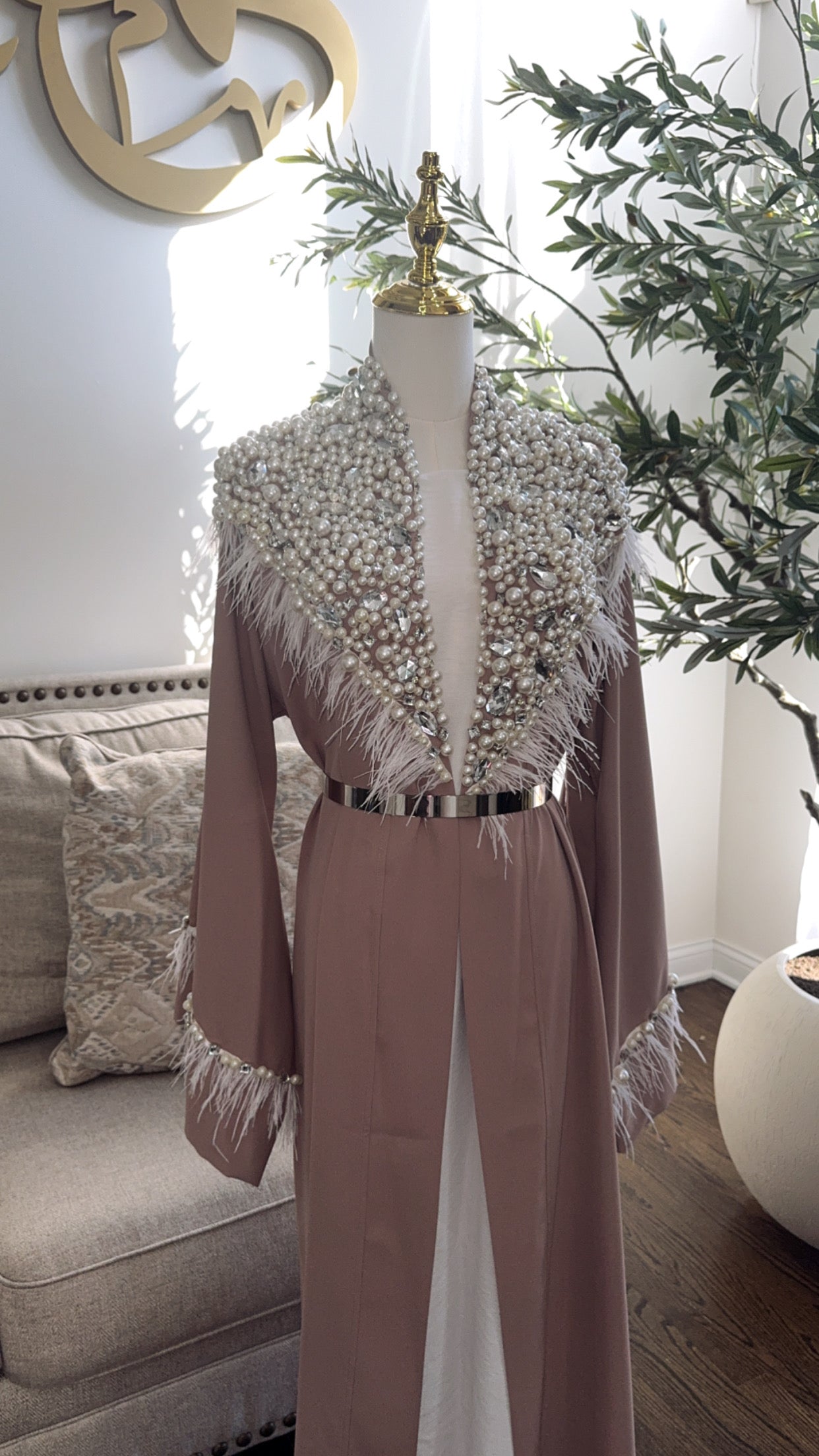 Pearls Mocha Handwork Beaded Open Abaya with Feather Detailing