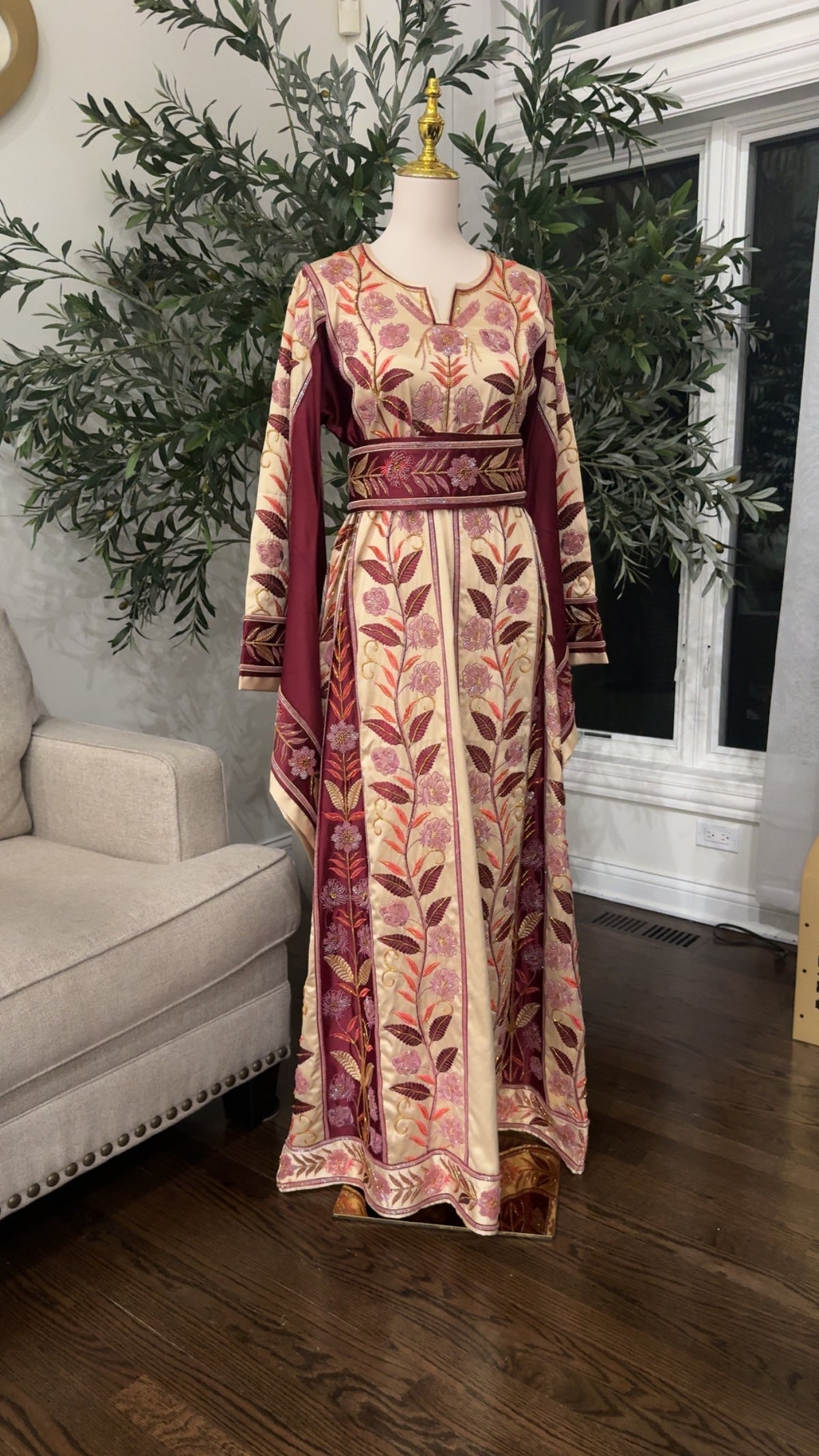 Falahi Embroidered embellished Satin Palestinian Thobe A-Line