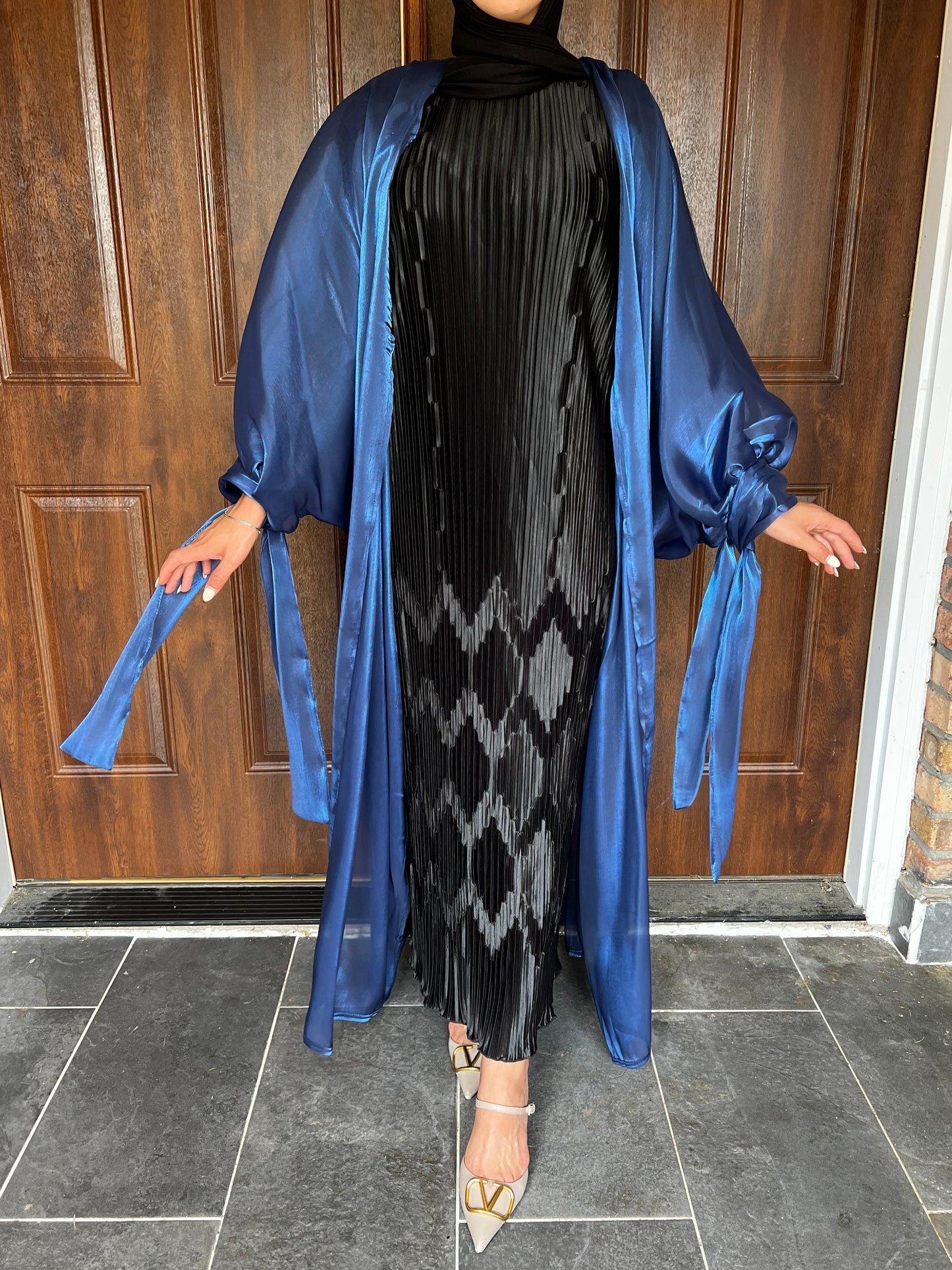 Long Sleeve Pleated Silk Maxi Belted Dress