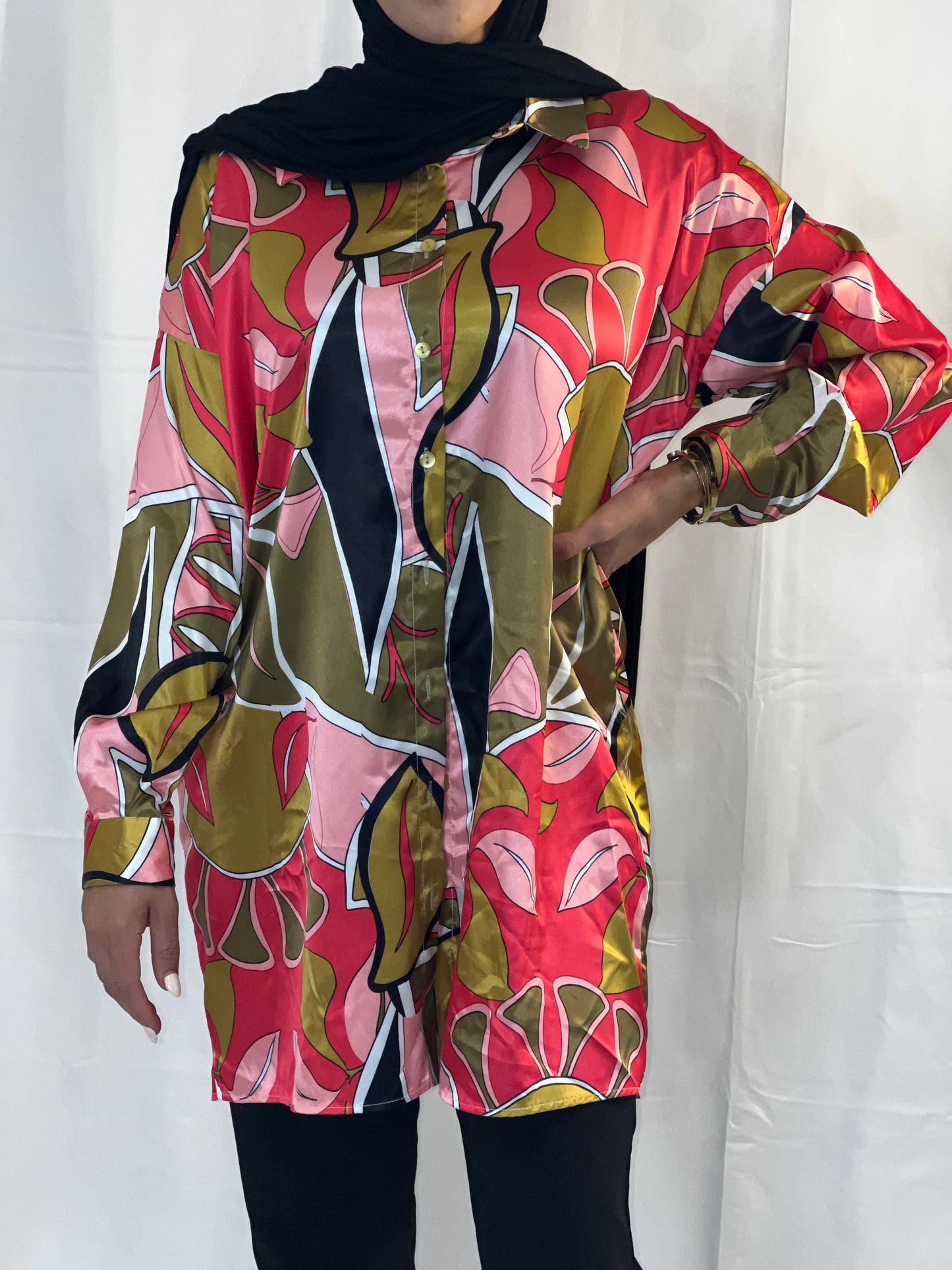 Blouse Satin Long Sleeve Button Up Tunic