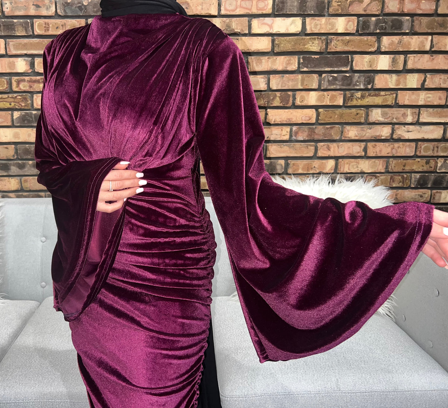 Velvet Maxi Evening Dress with Flare Sleeve