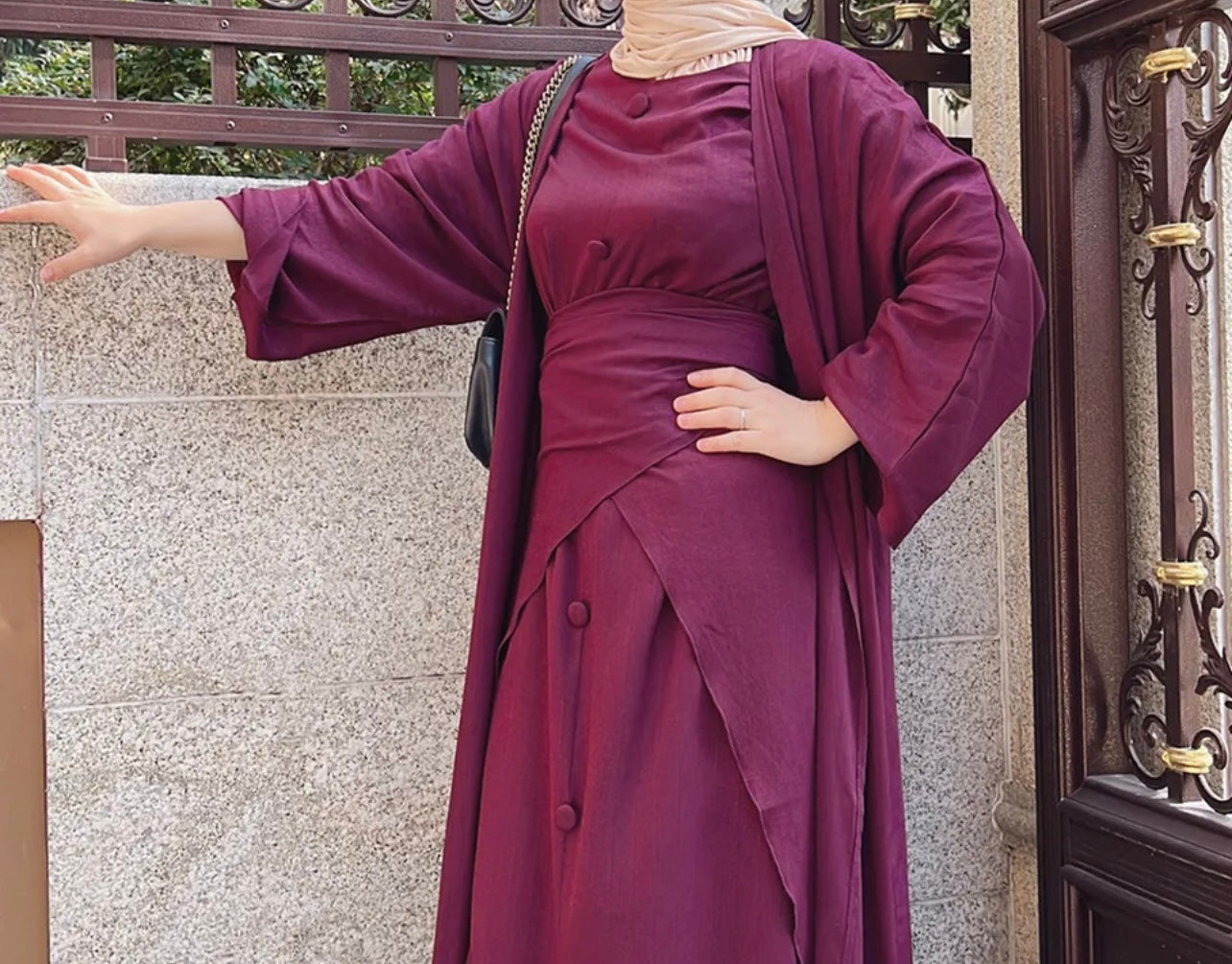 Women's Abaya Dress 3 Pieces Set With Tie-Wrap Skirt