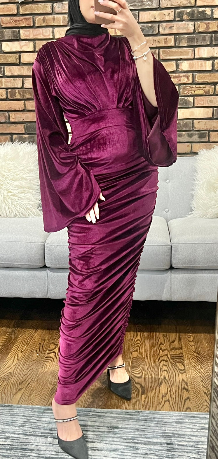 Velvet Maxi Evening Dress with Flare Sleeve