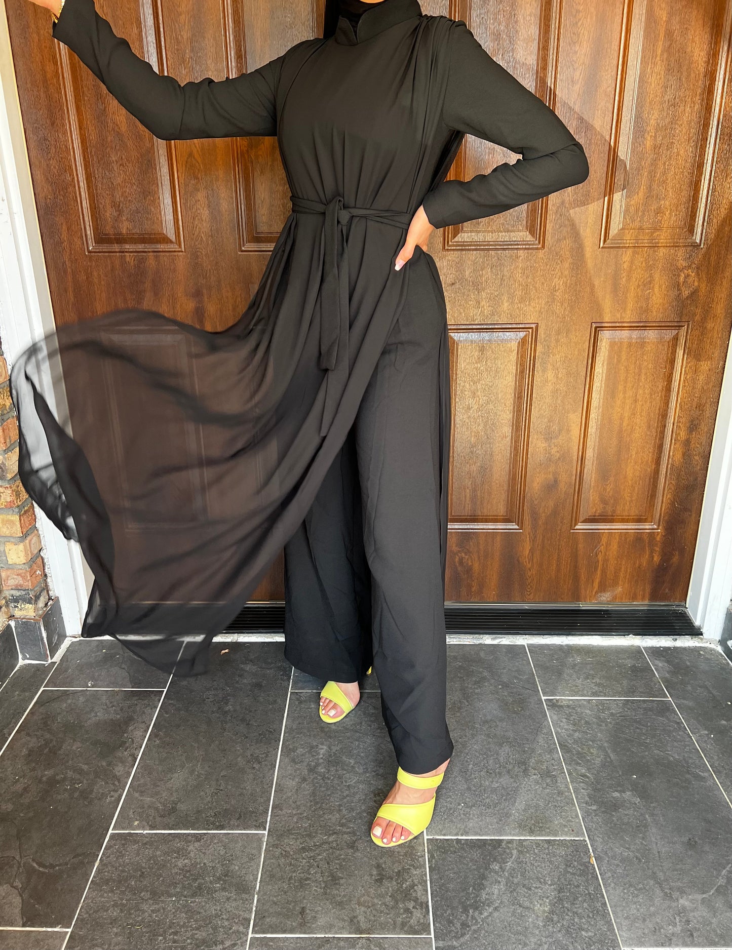 Long Sleeve Belted Chiffon Jumpsuit