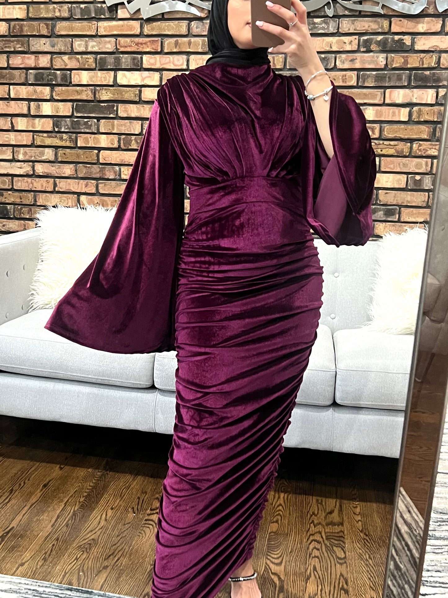 Velvet Maxi Evening Dress with Flare Sleeve