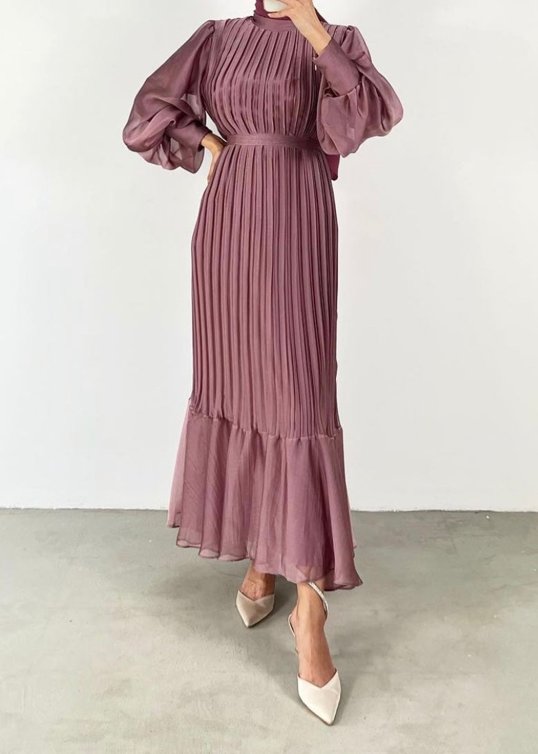 Long Sleeve Pleated Maxi Dress With Belt