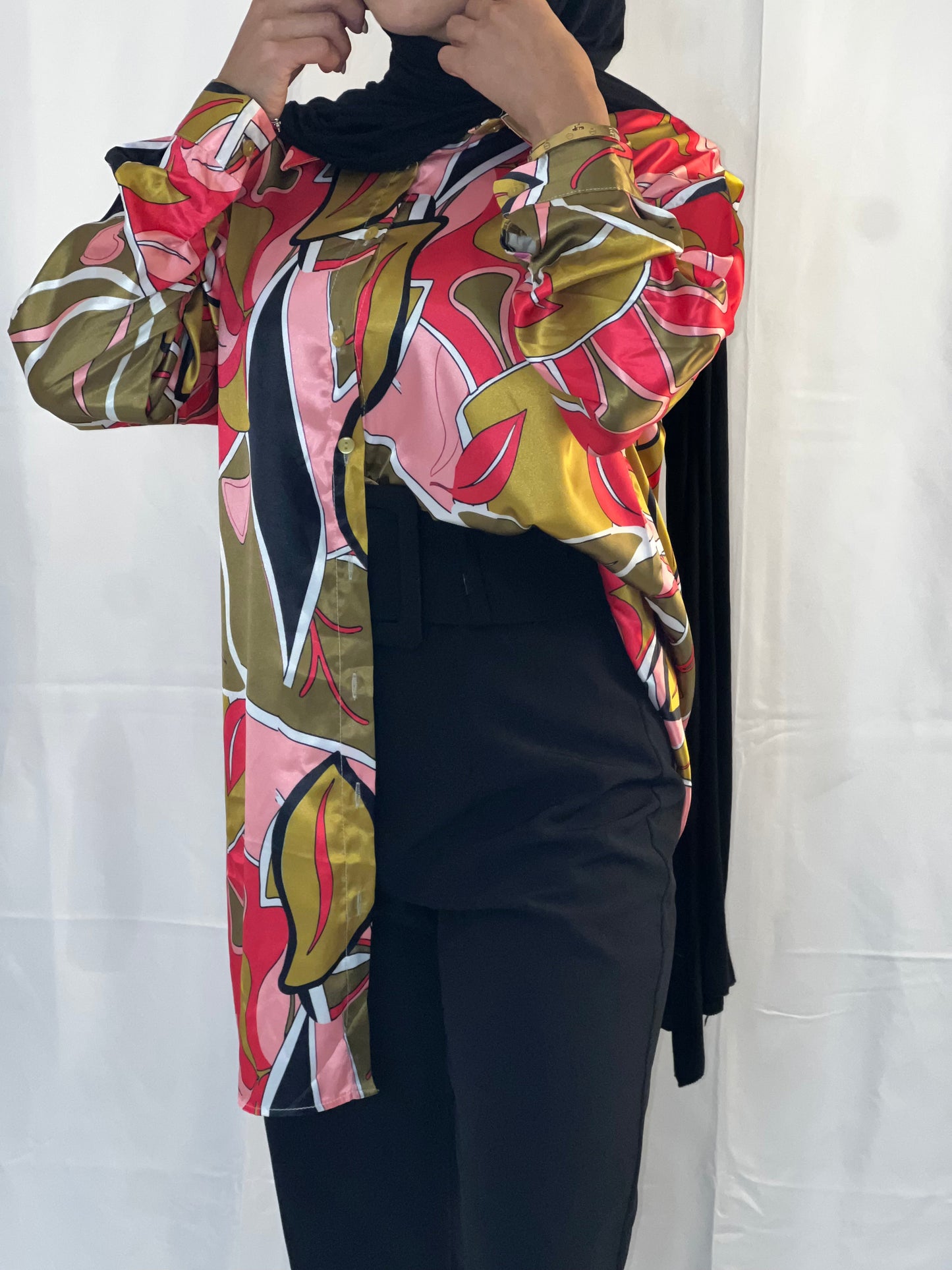 Blouse Satin Long Sleeve Button Up Tunic