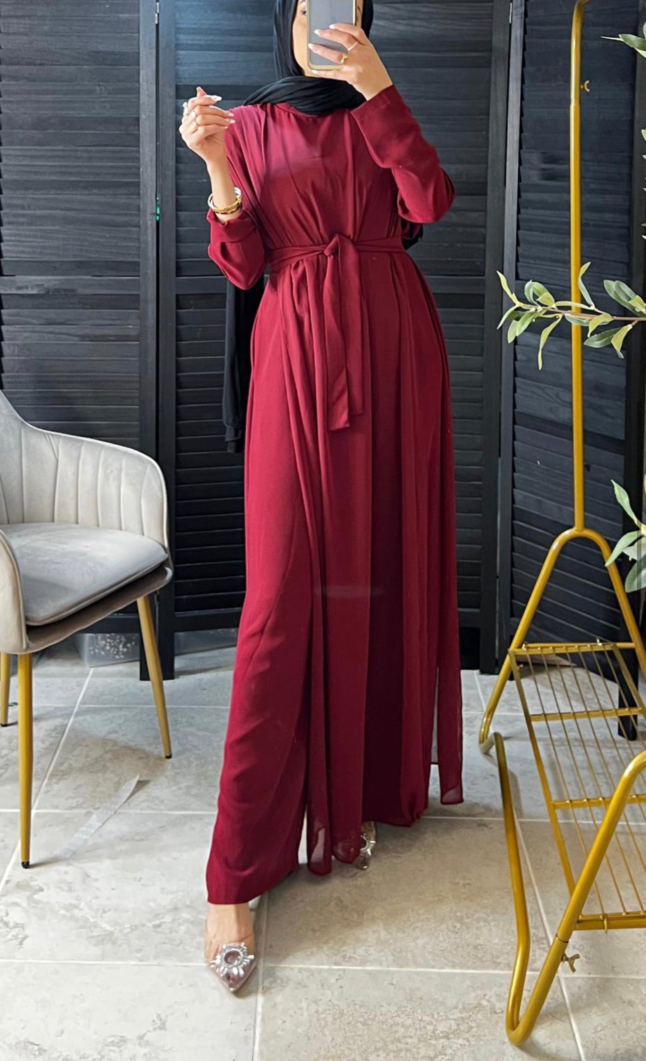 Long Sleeve Belted Chiffon Jumpsuit