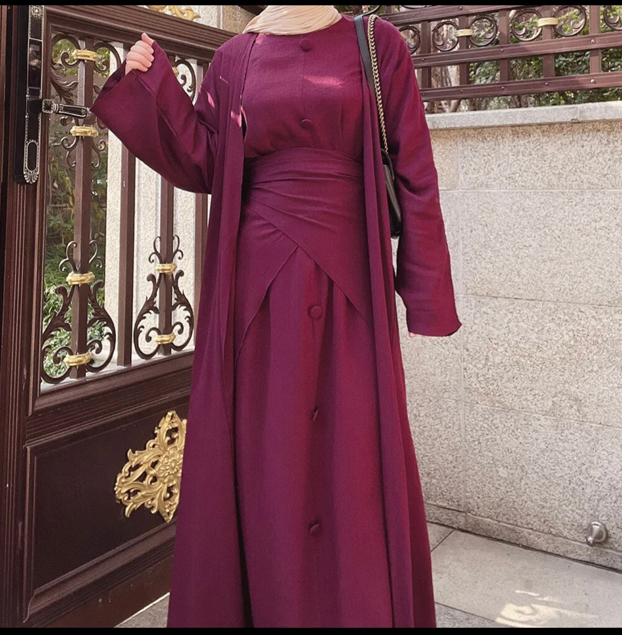 Women's Abaya Dress 3 Pieces Set With Tie-Wrap Skirt