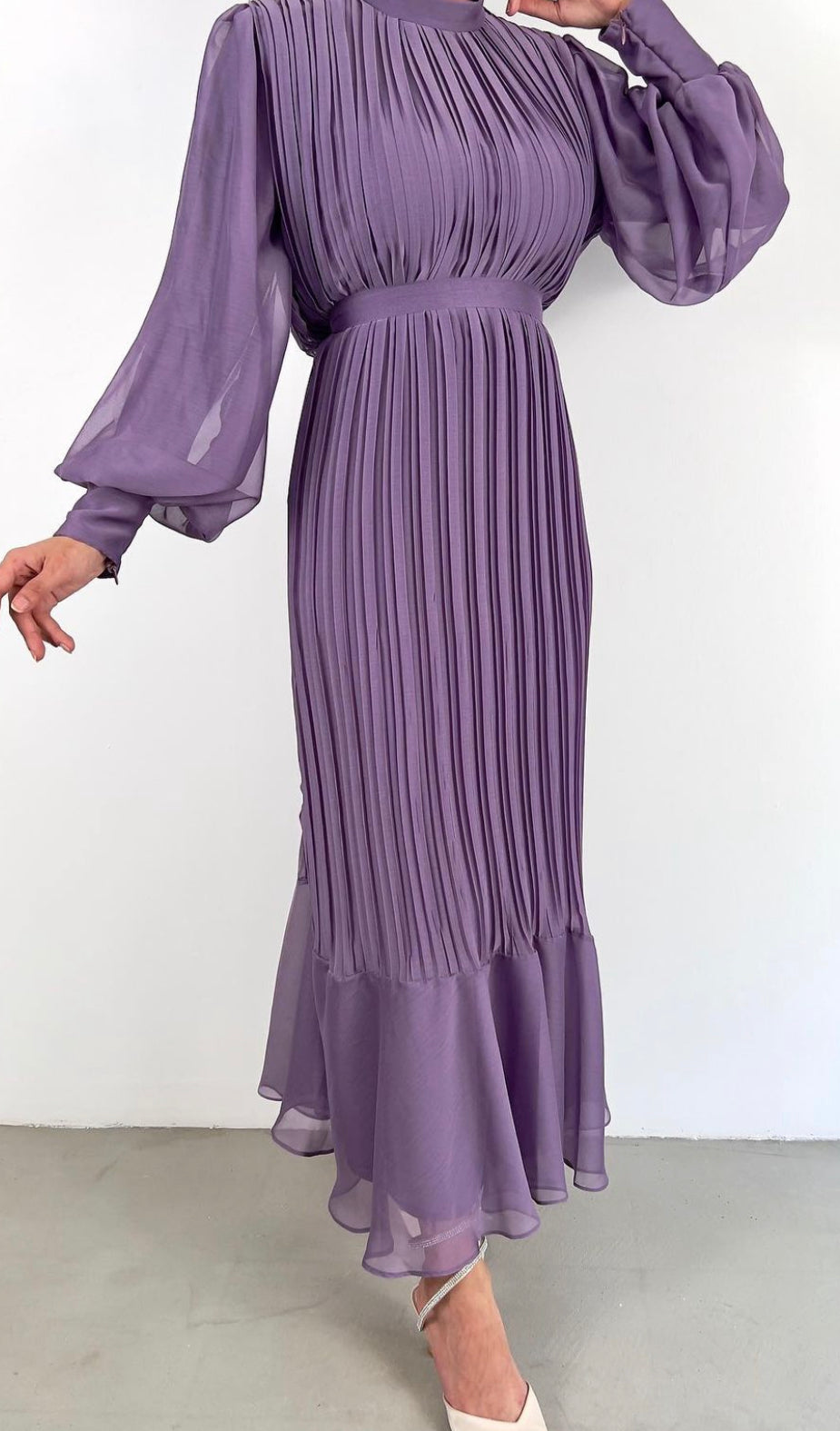Long Sleeve Pleated Maxi Dress With Belt