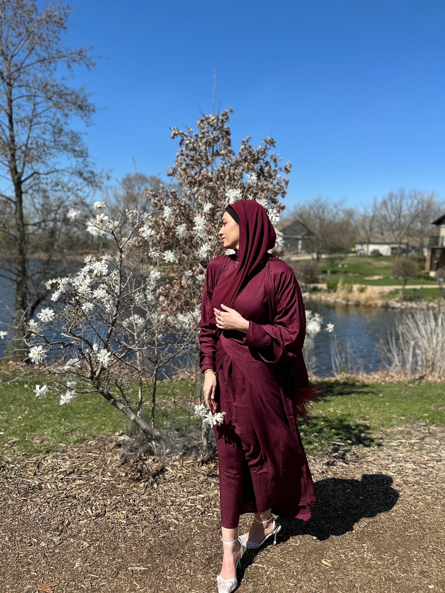 Women's Abaya Dress 3 Pieces Set With Tie-Wrap Skirt
