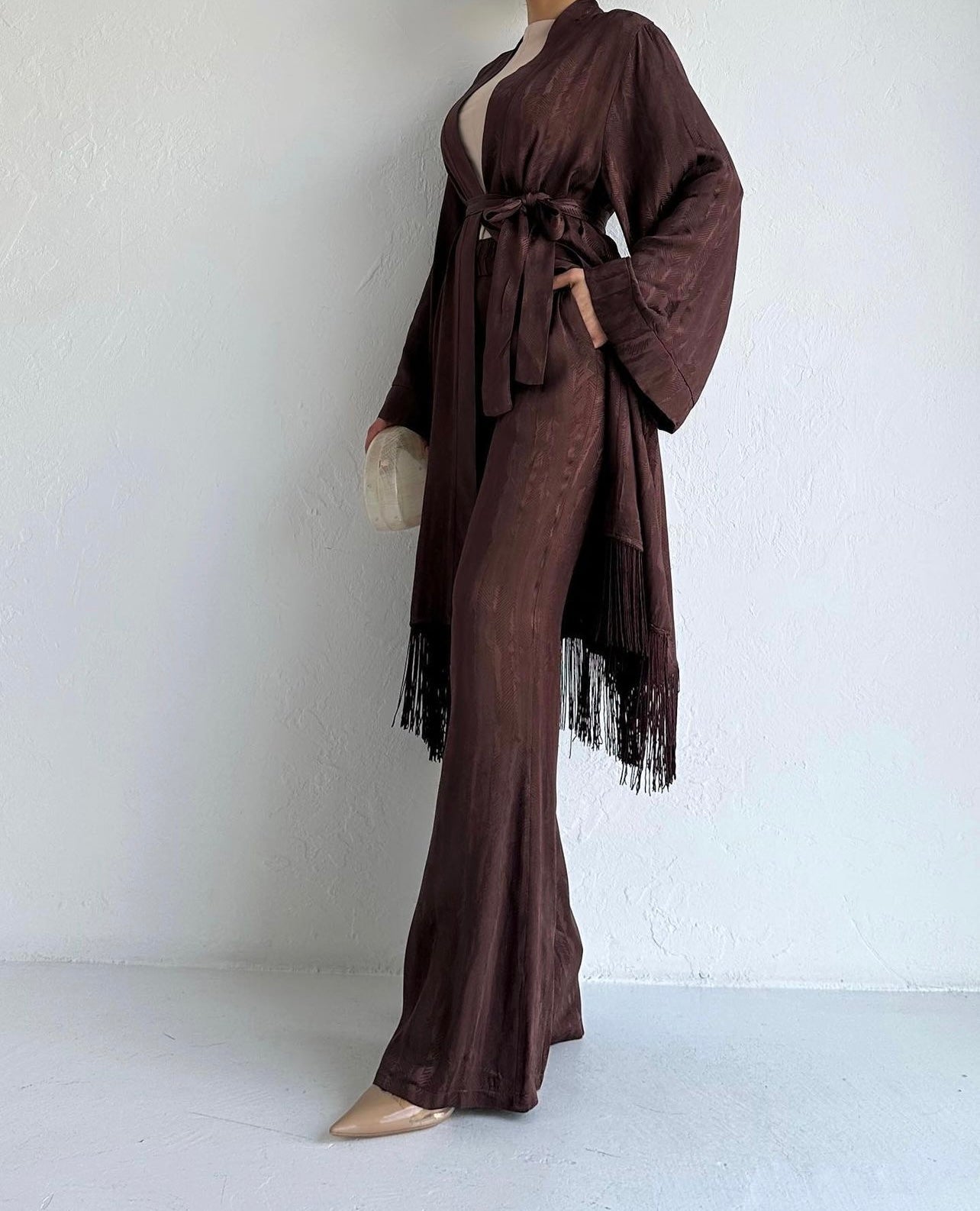 Elegant Dressy Cardigan Pant Set With Tassel