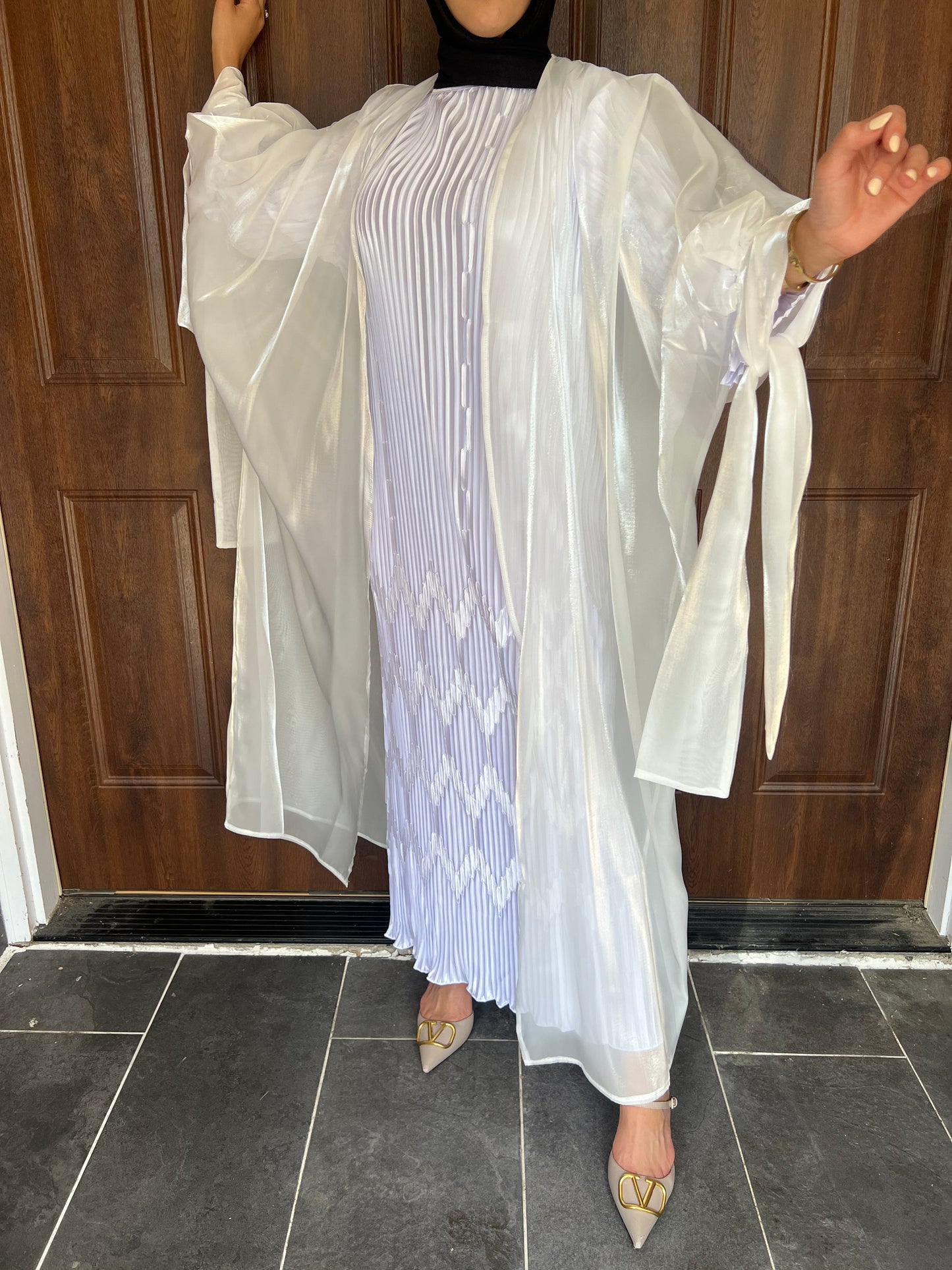 Long Sleeve Pleated Silk Maxi Belted Dress