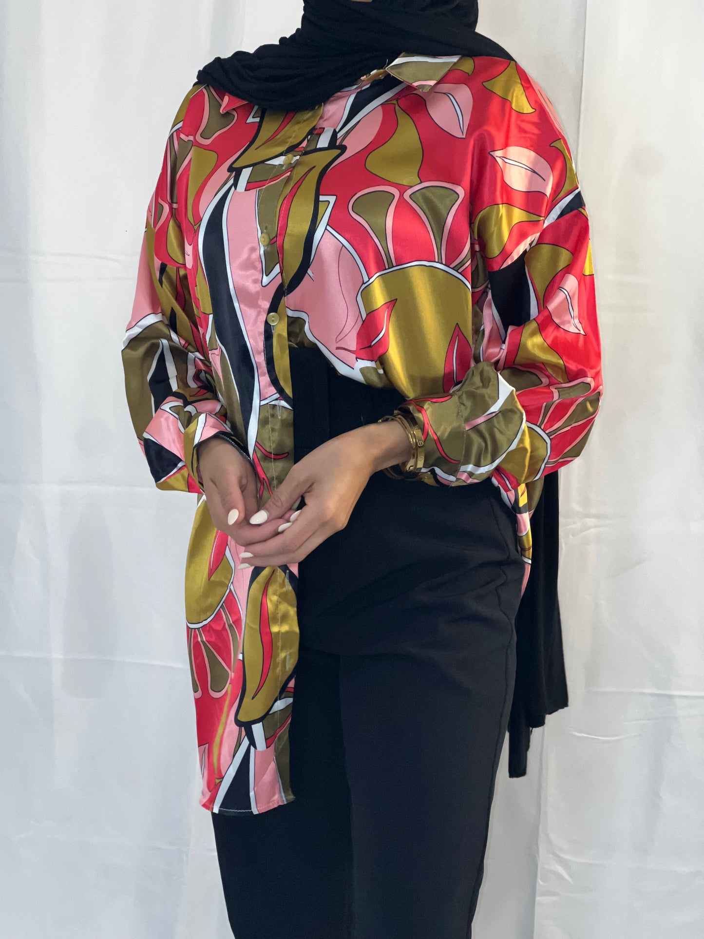 Blouse Satin Long Sleeve Button Up Tunic