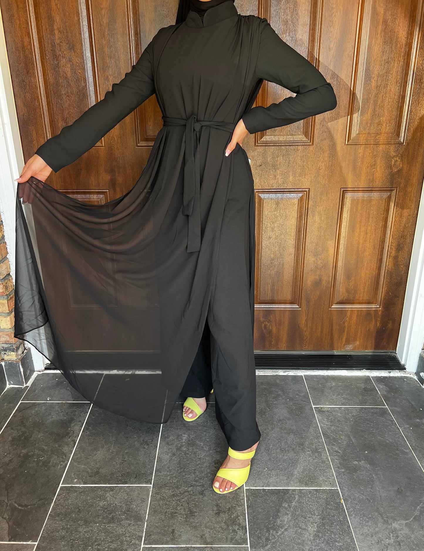 Long Sleeve Belted Chiffon Jumpsuit