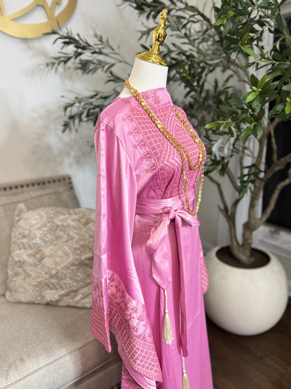 Pink Satin Embroidered Thobe Kaftan with Wide Sleeves