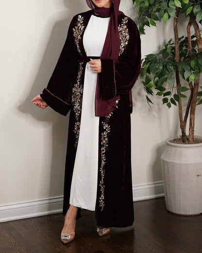 LUXURY VELVET EMBELLISHED FRONT AND BACK EVENING OPEN DUBAI ABAYA