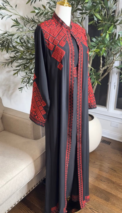 3 pcs Palestinian traditional embroidered tatreez open abaya Thobe