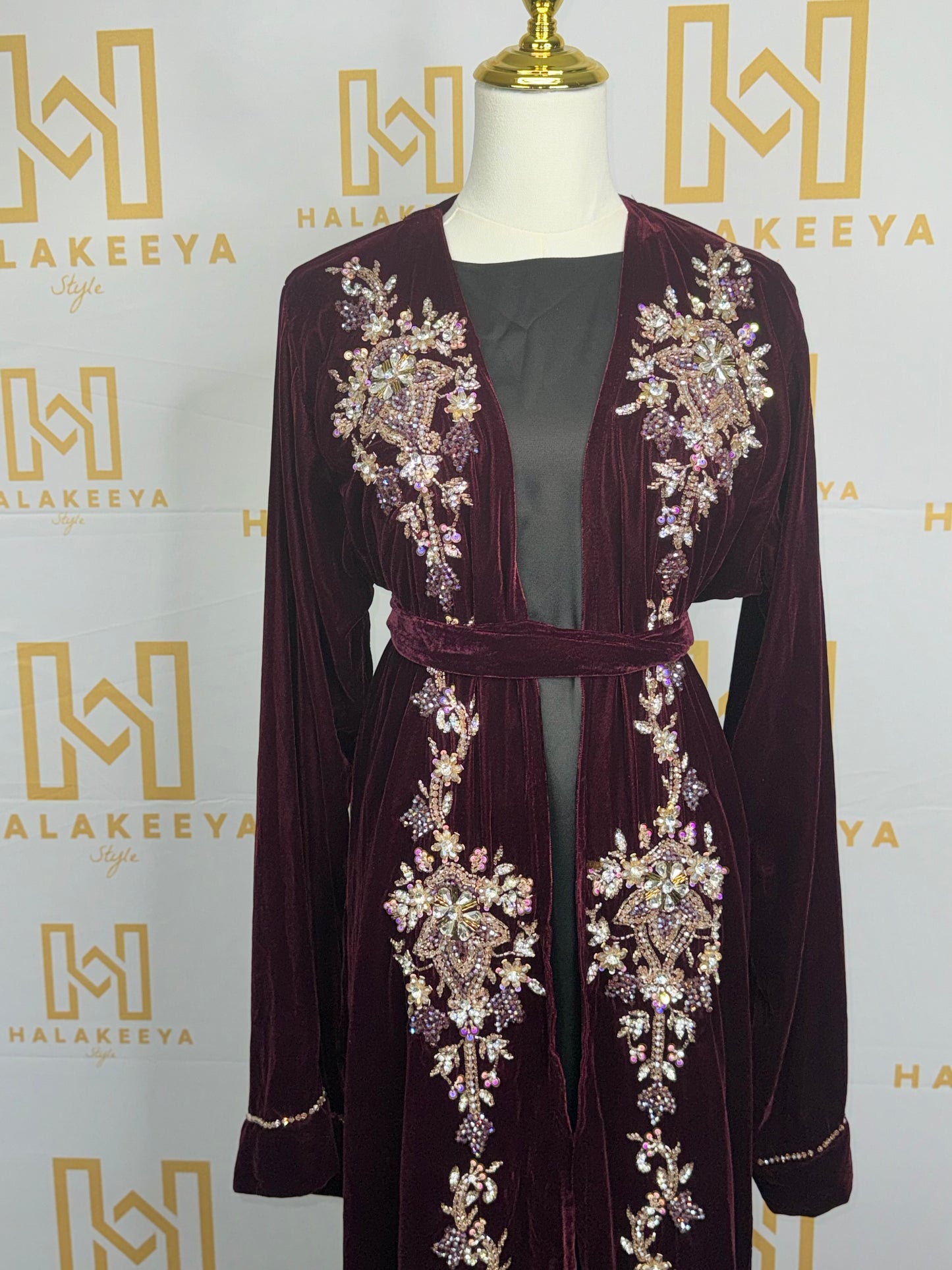 Wine maroon 3 pc set Embellished beaded velvet Abaya (A6)