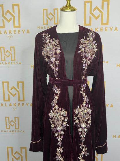 Wine maroon 3 pc set Embellished beaded velvet Abaya (A6)
