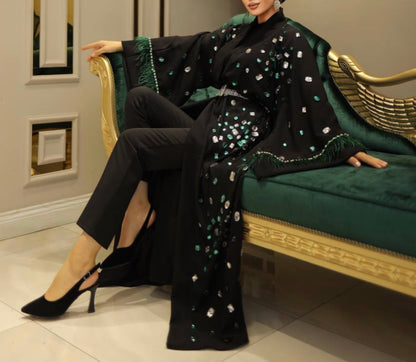 Crystal Embellished Open  Abaya With Feathers Finished