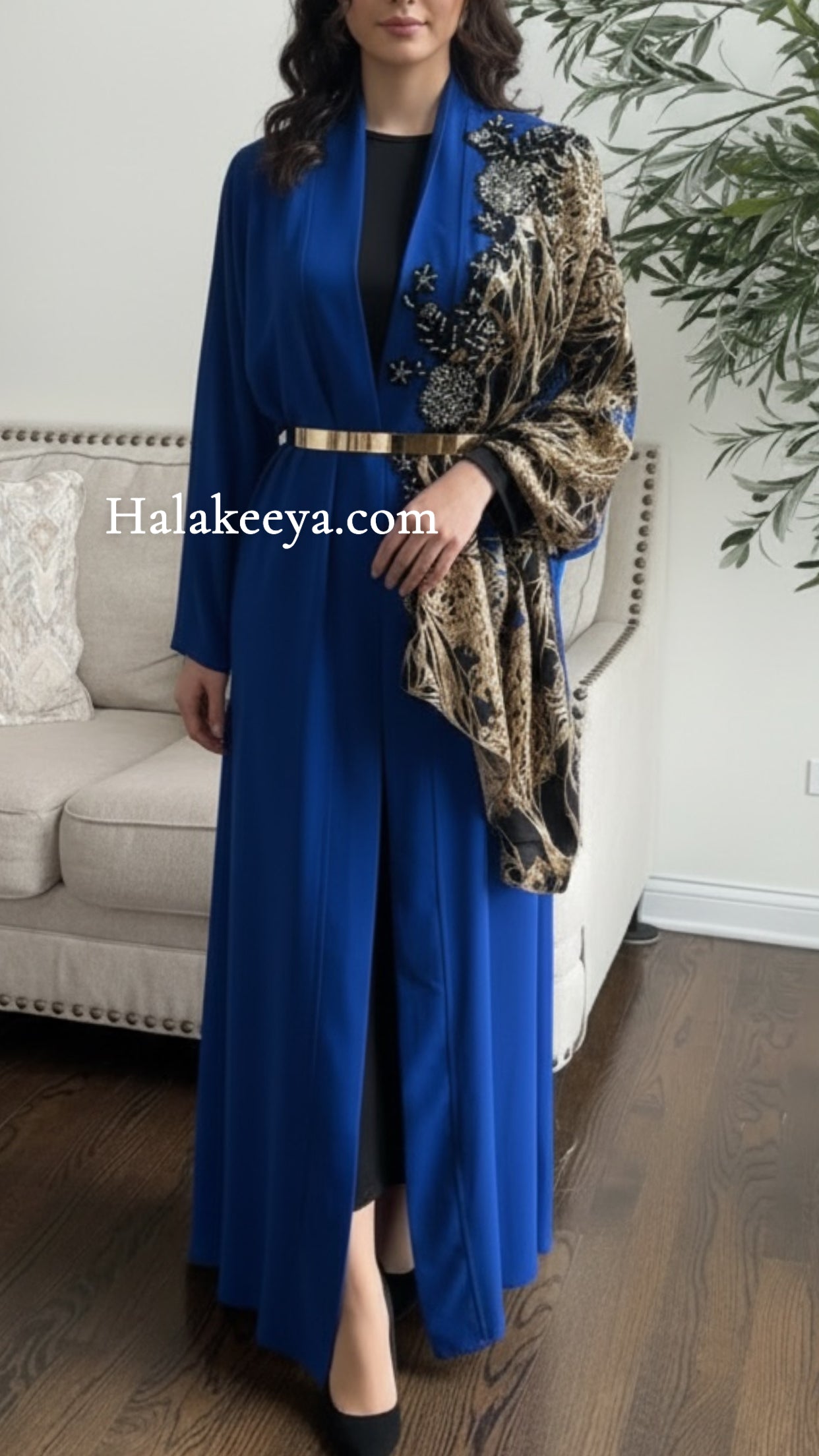 Navy blue Embroidered Embellished Draped shawl Open Abaya