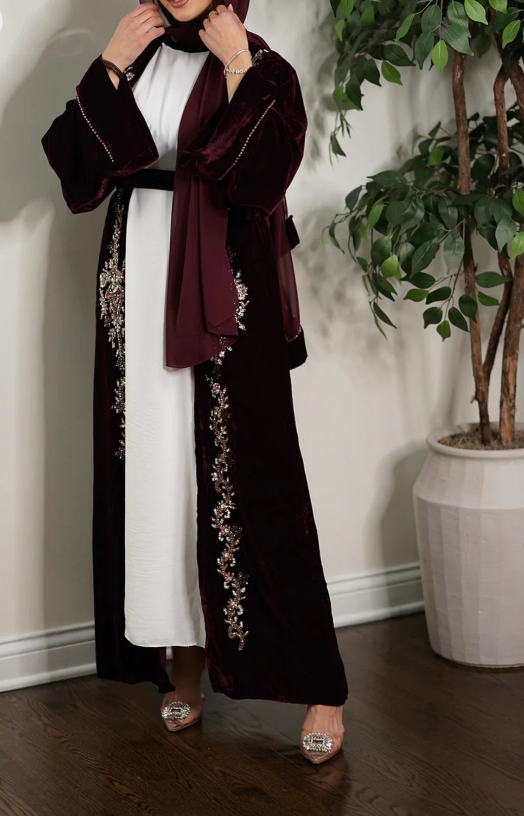 Wine maroon 3 pc set Embellished beaded velvet Abaya (A6)