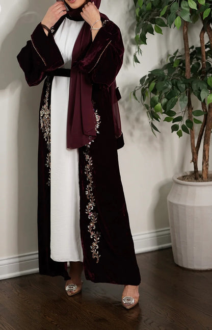 Wine maroon 3 pc set Embellished beaded velvet Abaya (A6)