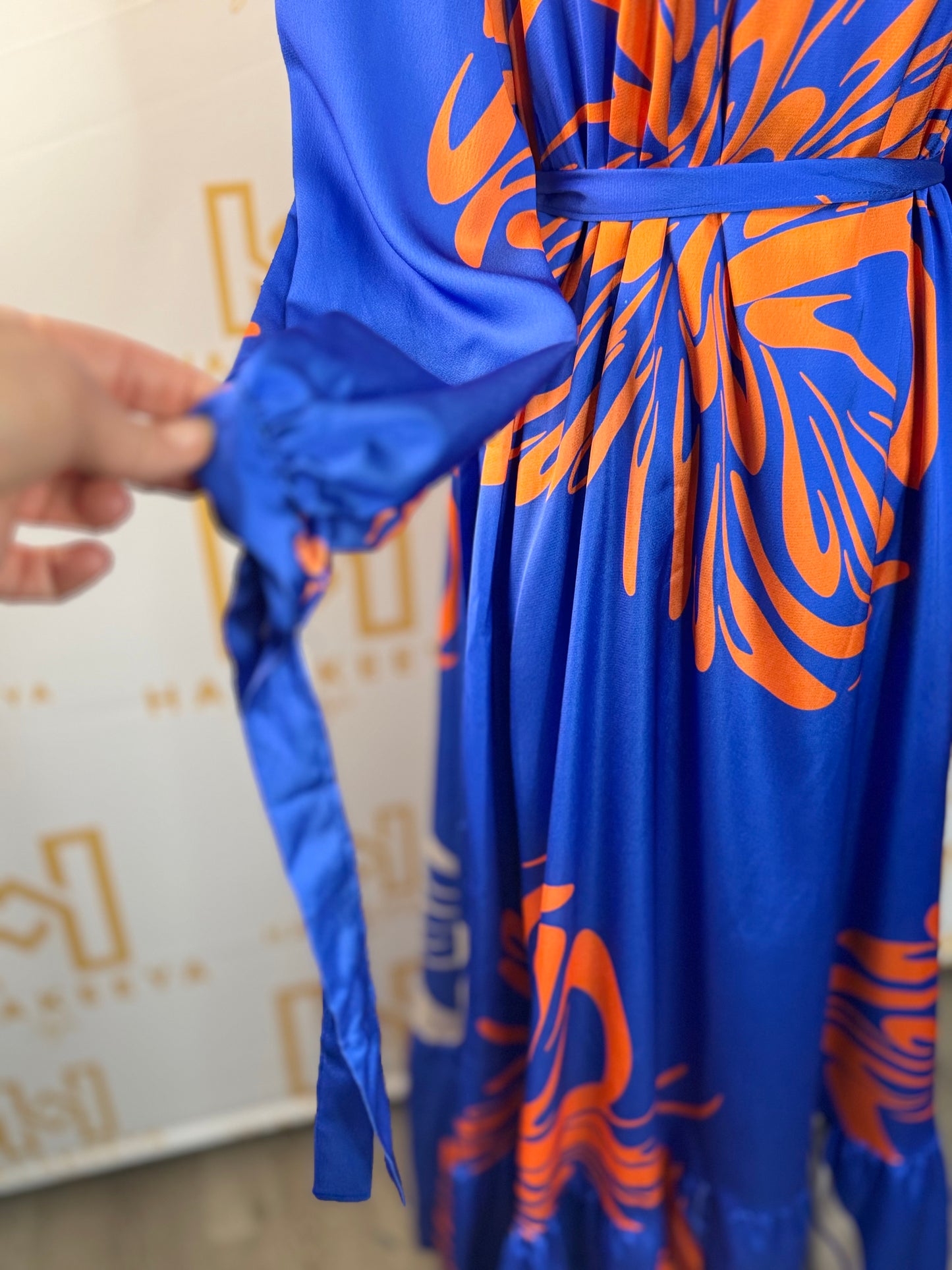 Modest Maxi Floral Satin Dress With Belt