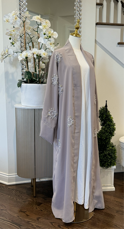 Embellished Handwork Beaded Gray Open Abaya Wide Sleeves