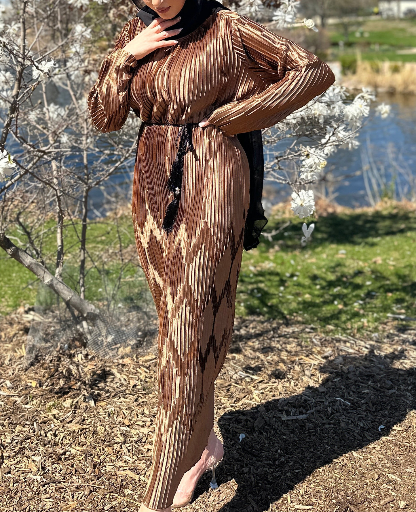 Long Sleeve Pleated Silk Maxi Belted Dress