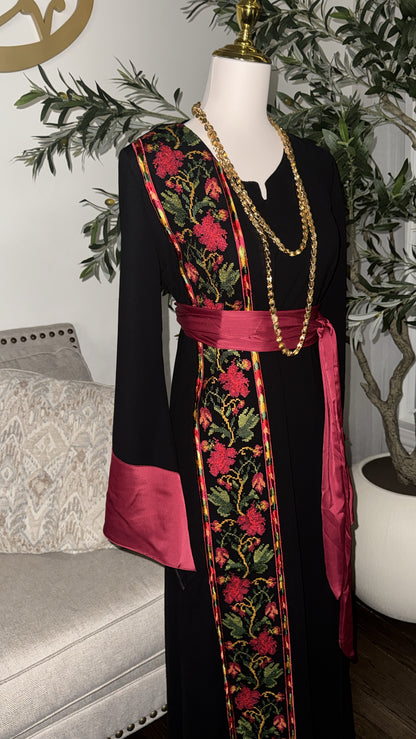 Embroidered Palestine tatreez Shade of burgundy roses with belt