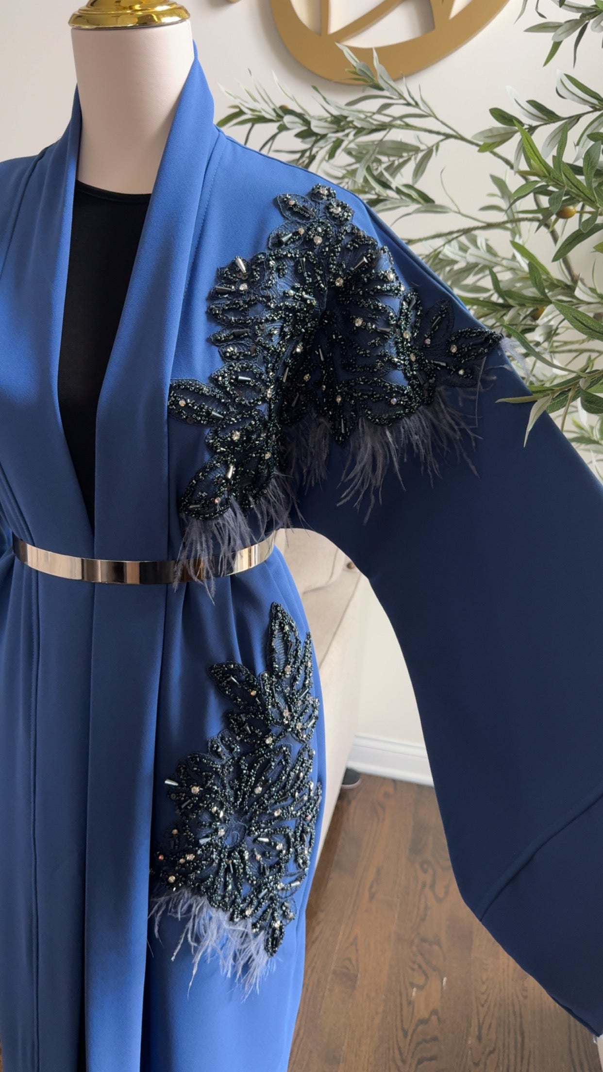 Royal blue Embroidered Embellished Feather Open Abaya