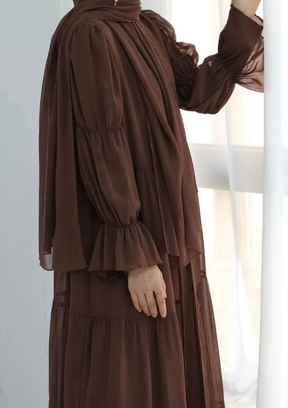 2-Piece Puff Sleeves Chiffon Abaya Set with Belt